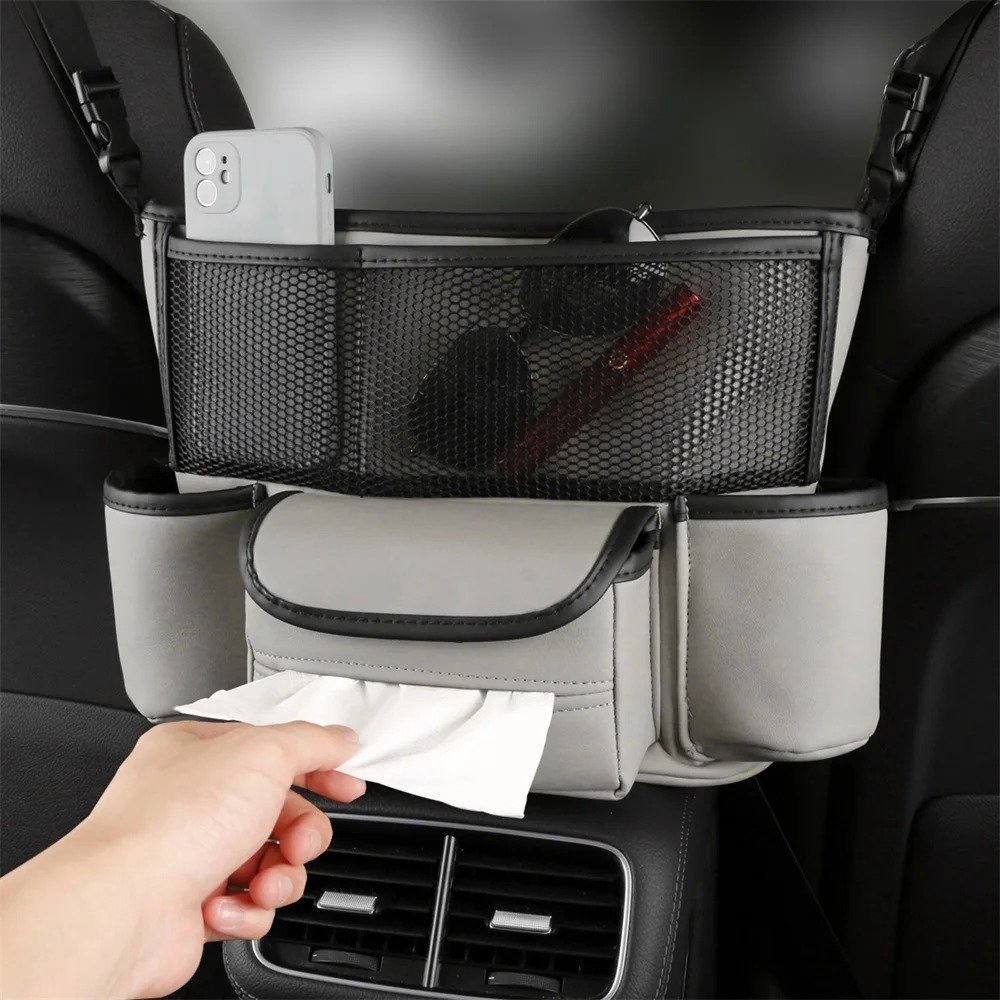 Sac de rangement en cuir pour siège de voiture, cintre central, sac à main automatique, support entre les sièges, poches pour gobelets à eau en tissu, évaluation de rangement - الصورة 2