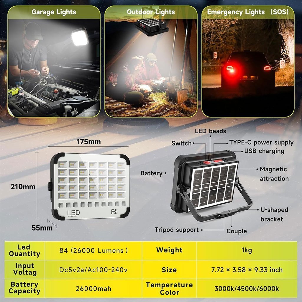 Lampe Solaire Rechargeable LED 300 W Portable et Magnétique 26000LM – مصباح محمول قابل للشحن بالطاقة الشمسية - الصورة 4