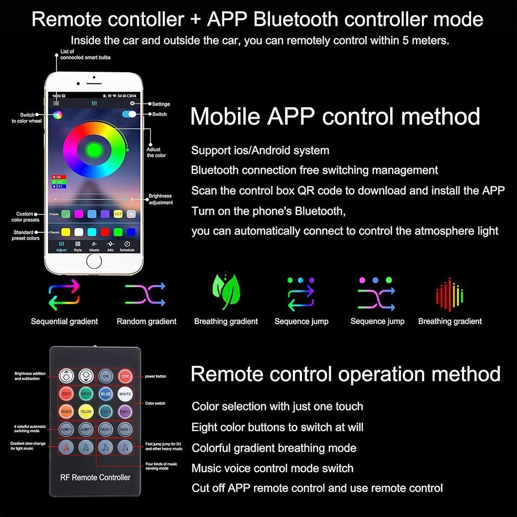Lumière Ambiante RGB Pour l’Intérieur de Voiture avec Télécommande + APP Contrôle - الصورة 3