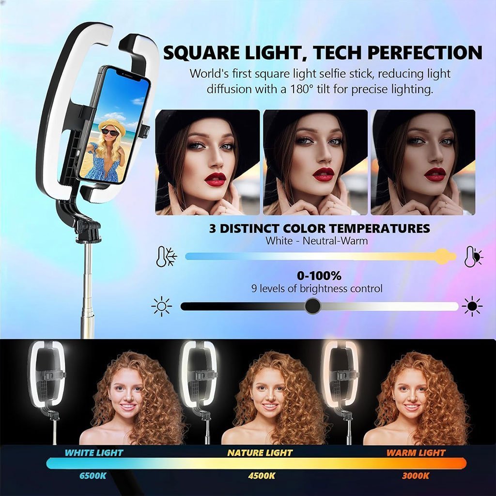 Perche à Selfie Extensible avec Support pour Téléphone et Lampe LED – عصا سيلفي مع إضاءة مدمجة ويد تحكم - الصورة 2