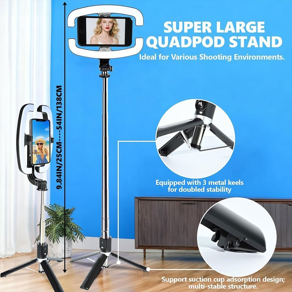 Perche à Selfie Extensible avec Support pour Téléphone et Lampe LED – عصا سيلفي مع إضاءة مدمجة ويد تحكم - الصورة 3