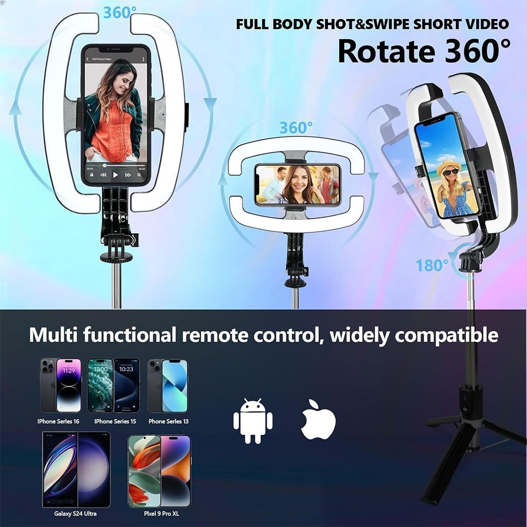 Perche à Selfie Extensible avec Support pour Téléphone et Lampe LED – عصا سيلفي مع إضاءة مدمجة ويد تحكم - الصورة 5
