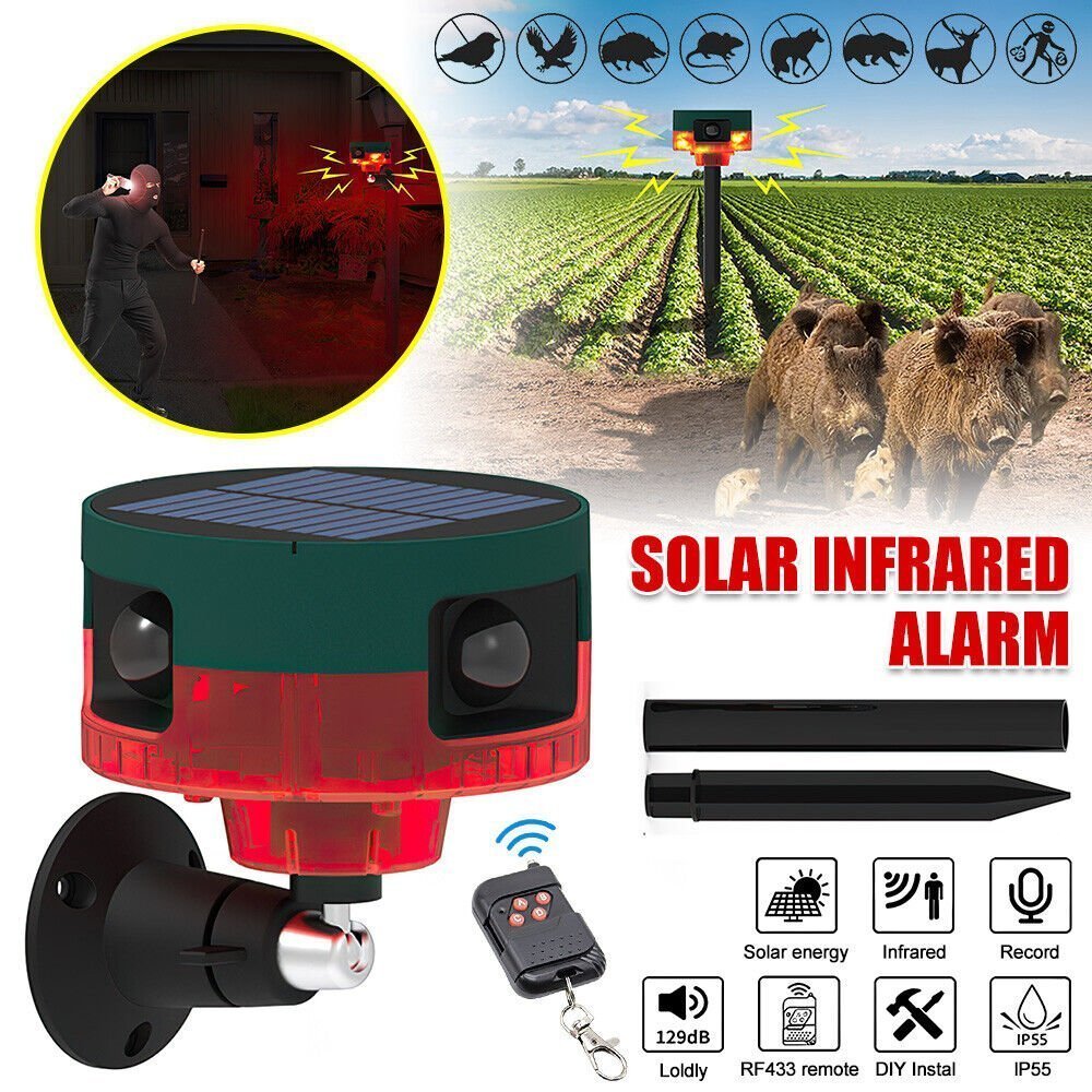 Répulsif pour animeux Capteur de mouvement à énergie solaire, alarme sonore et lumineuse 6 LED - مستشعر حركة يعمل بالطاقة الشمسية لطارد الحيوانات