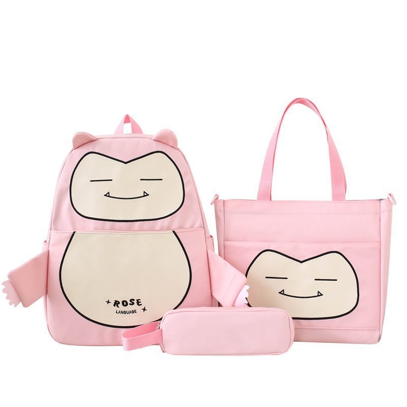 Ensemble de Sacs Snorlax 3Pcs Design Kawaii Rose- حقيبة مدرسية 3 قطع لون وردي - الصورة 4