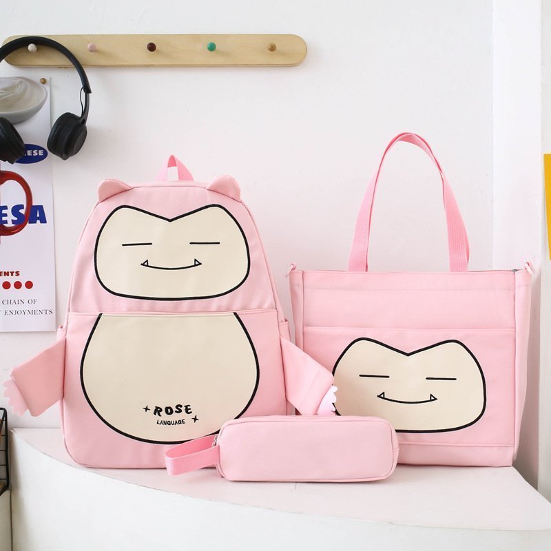 Ensemble de Sacs Snorlax 3Pcs Design Kawaii Rose- حقيبة مدرسية 3 قطع لون وردي - الصورة 3
