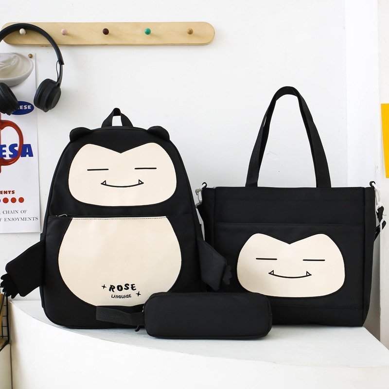 Ensemble de Sacs Snorlax 3Pcs Design Kawaii Noir – حقيبة مدرسية 3 قطع لون أسود - الصورة 3