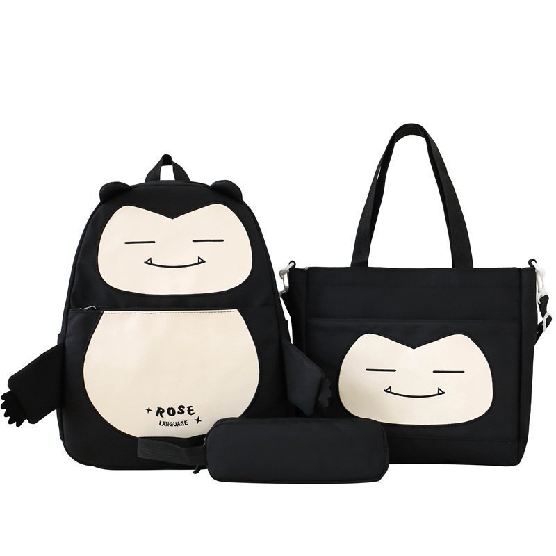 Ensemble de Sacs Snorlax 3Pcs Design Kawaii Noir – حقيبة مدرسية 3 قطع لون أسود - الصورة 4