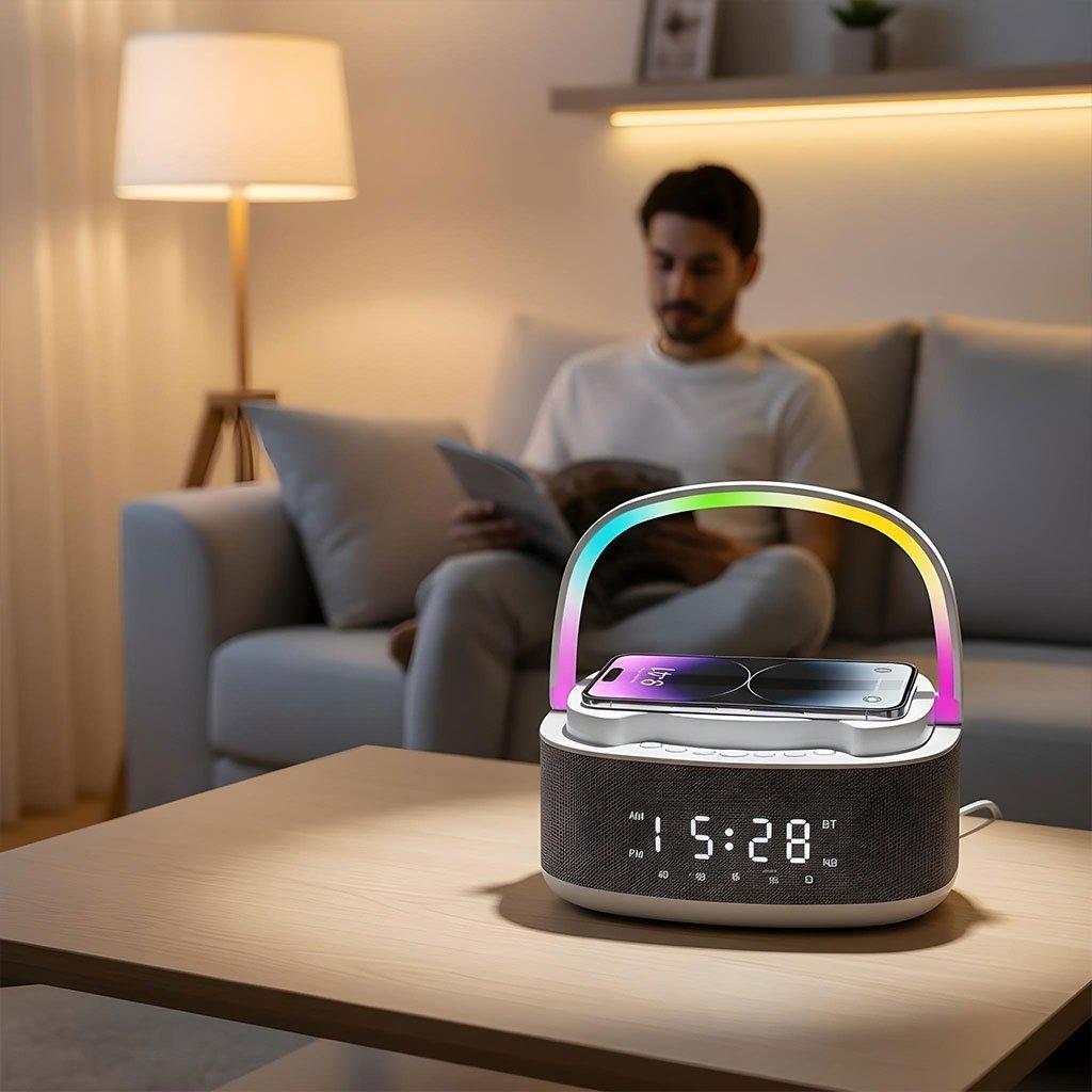 Haut Parleur Bluetooth Portable S301 à LED RGB chargement sans fil 15W – مكبر صوت بلوتوث وشاحن لاسلكي 2في1 - الصورة 2