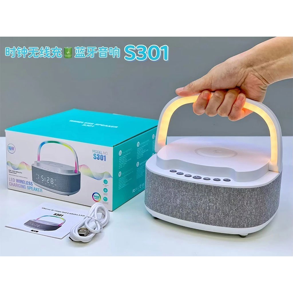 Haut Parleur Bluetooth Portable S301 à LED RGB chargement sans fil 15W – مكبر صوت بلوتوث وشاحن لاسلكي 2في1 - الصورة 6