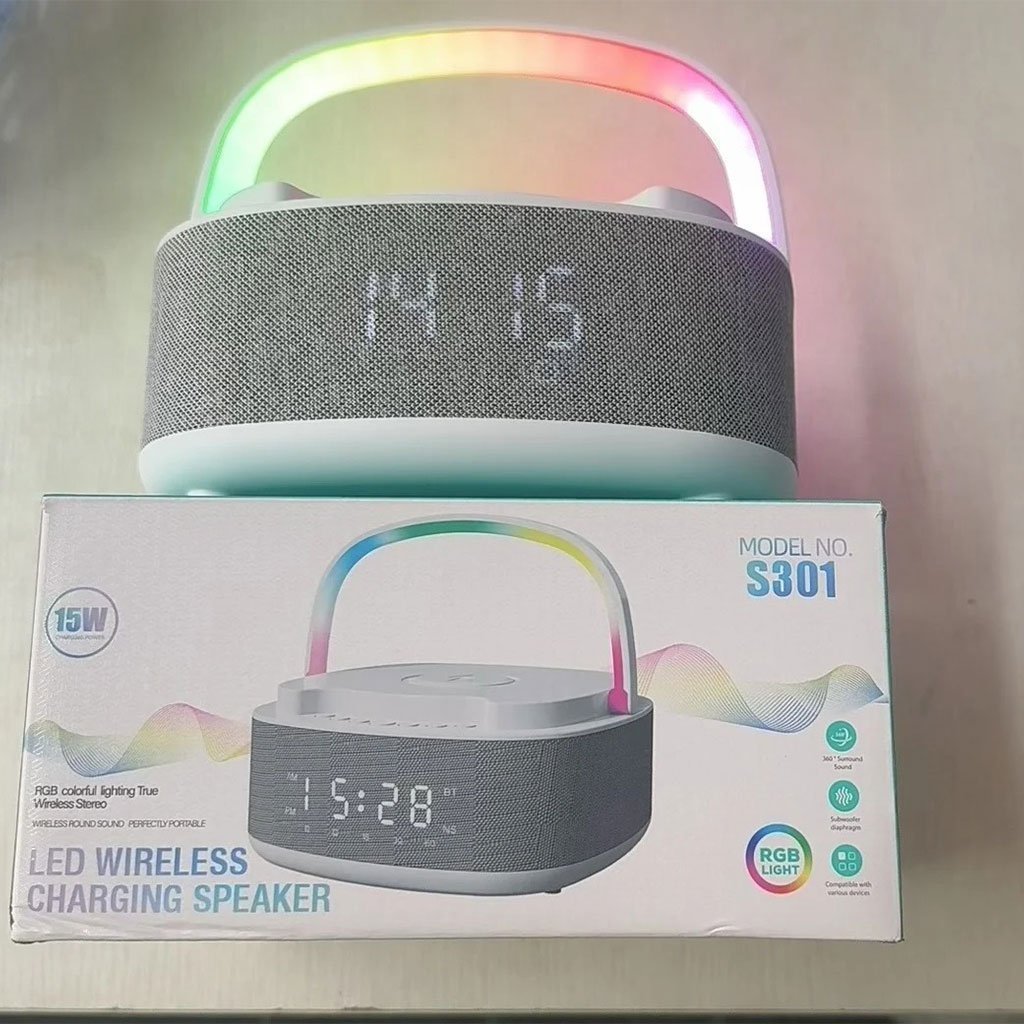 Haut Parleur Bluetooth Portable S301 à LED RGB chargement sans fil 15W – مكبر صوت بلوتوث وشاحن لاسلكي 2في1 - الصورة 3