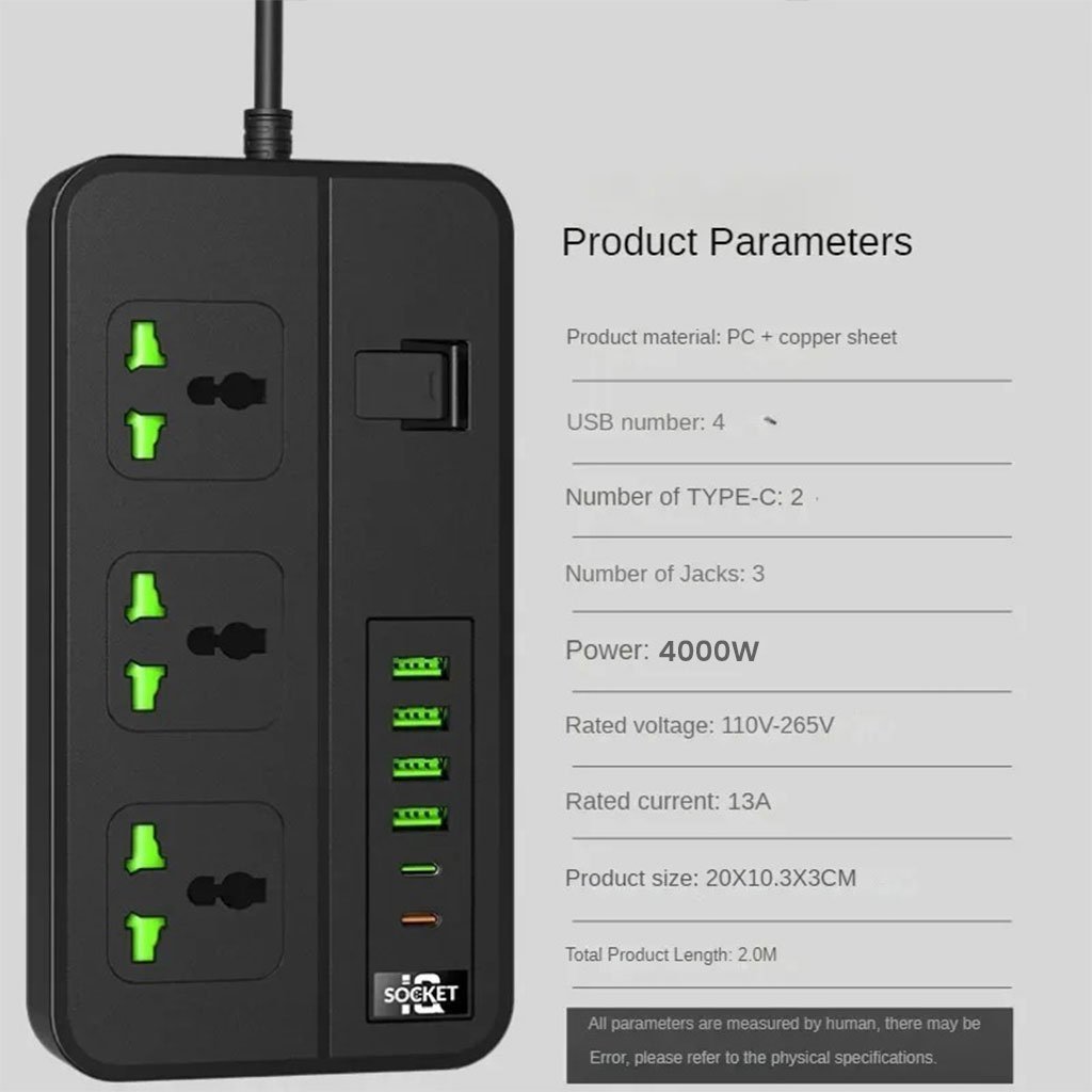Multiprise 3 Socket avec 4 Ports USB 2 Type-C 4000W Protection Surcharge – مقبس طاقة مع منافذ شحن - الصورة 5