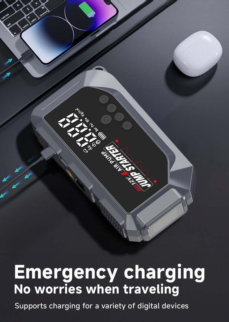 Booster Batterie et Compresseur d'Air Intelligent 12V avec Écran LCD CTC-936T - مقلع بطارية السيارة وجهاز الطوارئ المتكامل 2 في 1 مع مضخة هواء ذكية وشاشة رقمية - الصورة 6