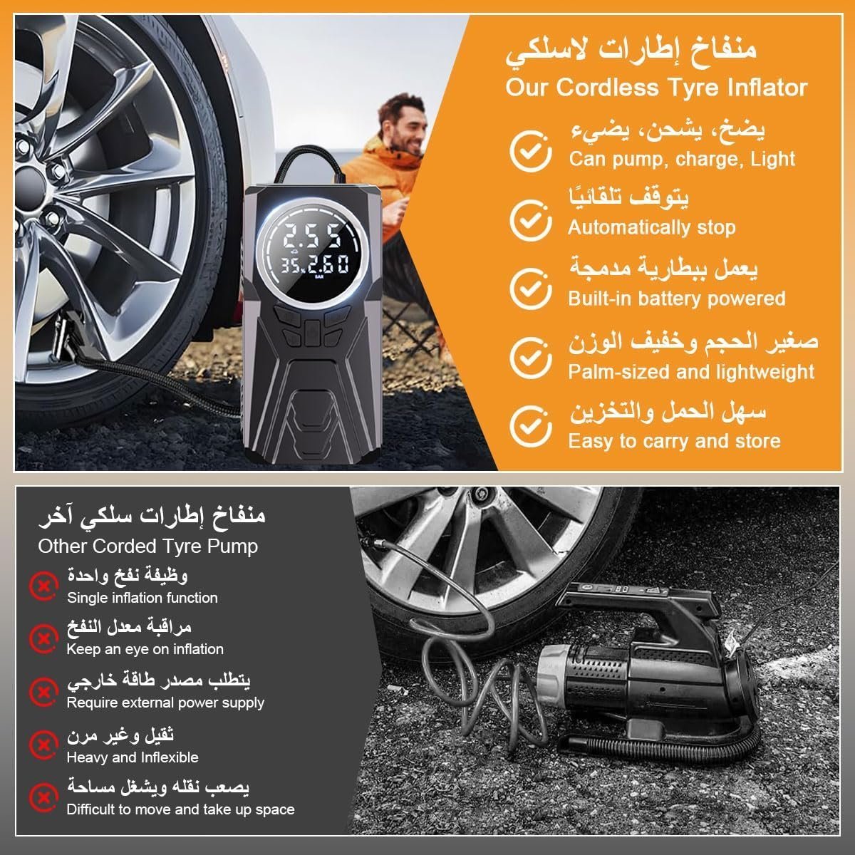 Compresseur d'Air Portable Rechargeable 4500mAh 150PSI - مضخة إطارات لاسلكية ذكية - الصورة 3