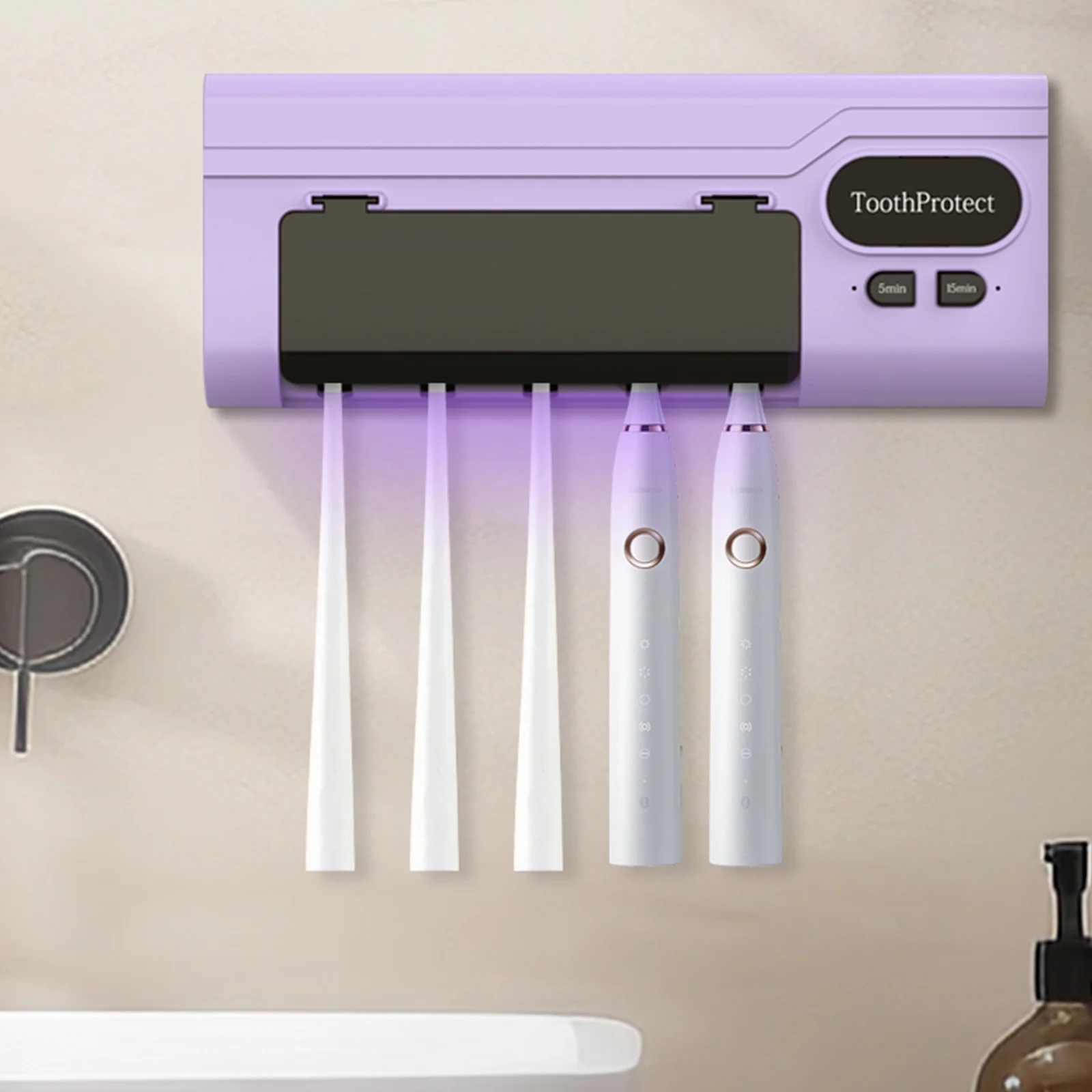 ⁦Désinfectant et support de brosse à dents intelligent rechargeable 5 emplacements - حامل فرش الأسنان⁩ - الصورة ⁦3⁩