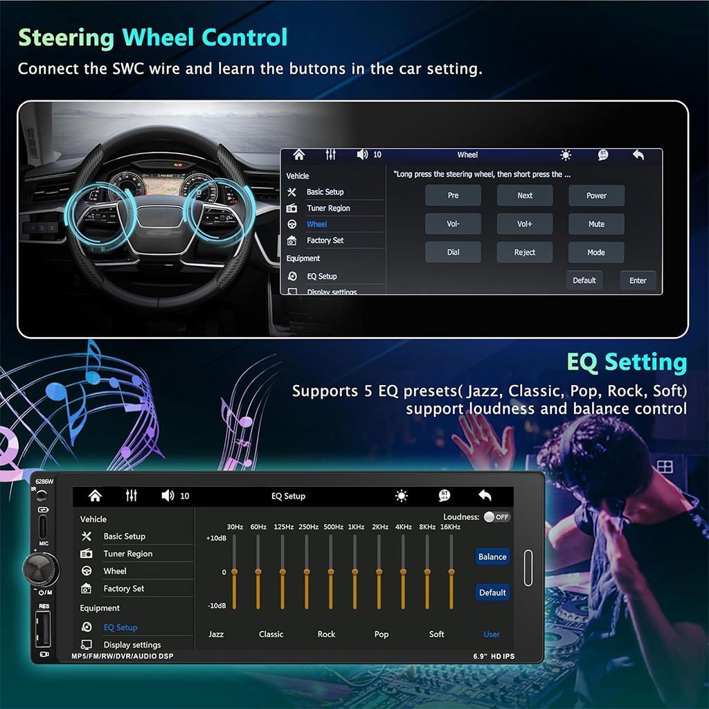 Autoradio 1 DIN avec écran Tactile de 6,9 Pouces Compatible avec Apple CarPlay Wireless/Android Auto - جهاز راديو سيارة - الصورة 2
