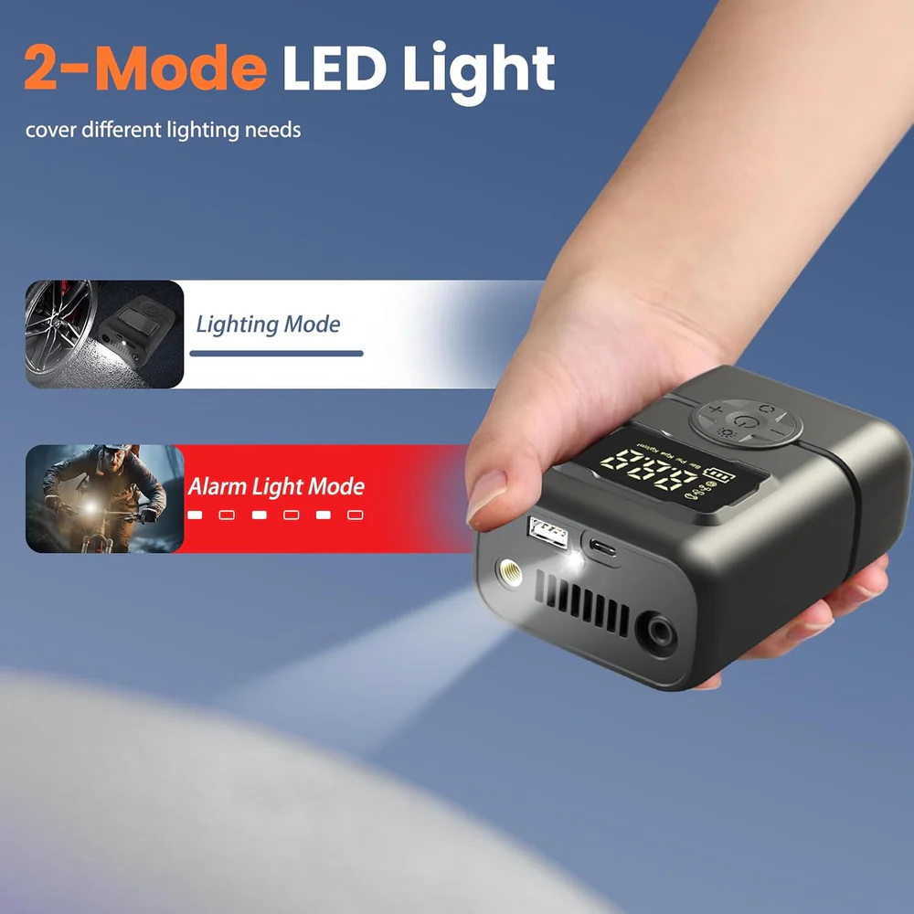 Gonfleur de pneus portable sans fil avec manomètre, arrêt automatique et lumière LED - جهاز ضغط العجلات محمول - الصورة 3