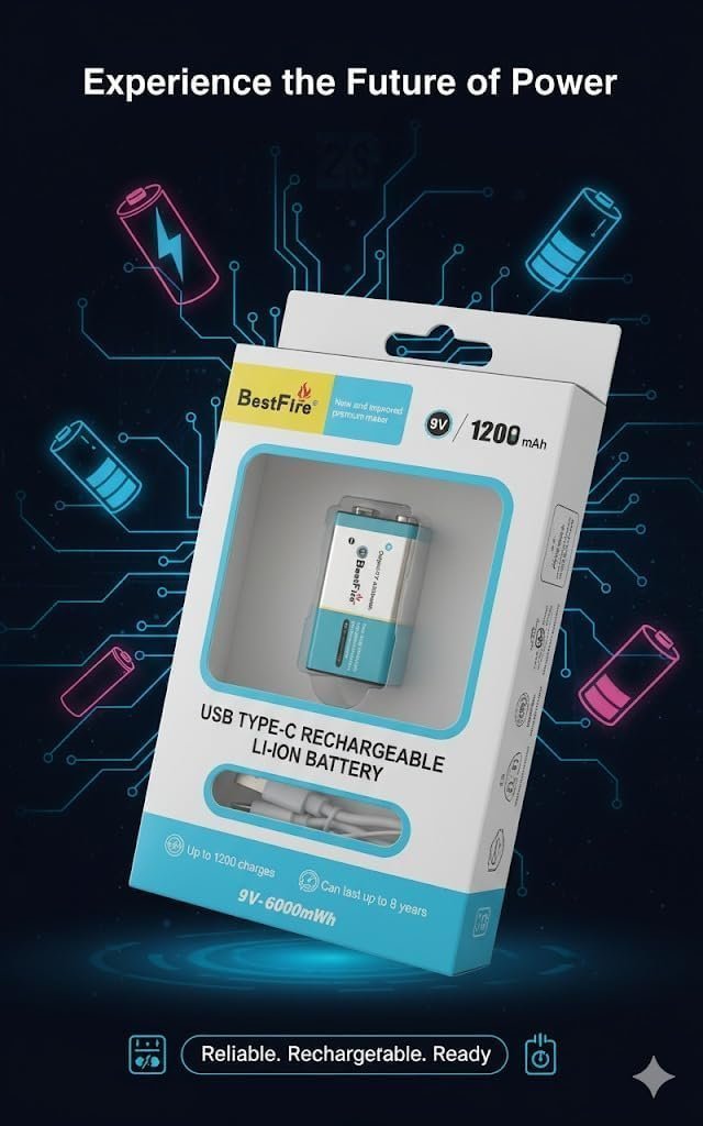 Pile rechargeable USB type C 9V 1200mWh en lithium BestFire - بطارية ليثيوم قابلة لإعادة الشحن - الصورة 7