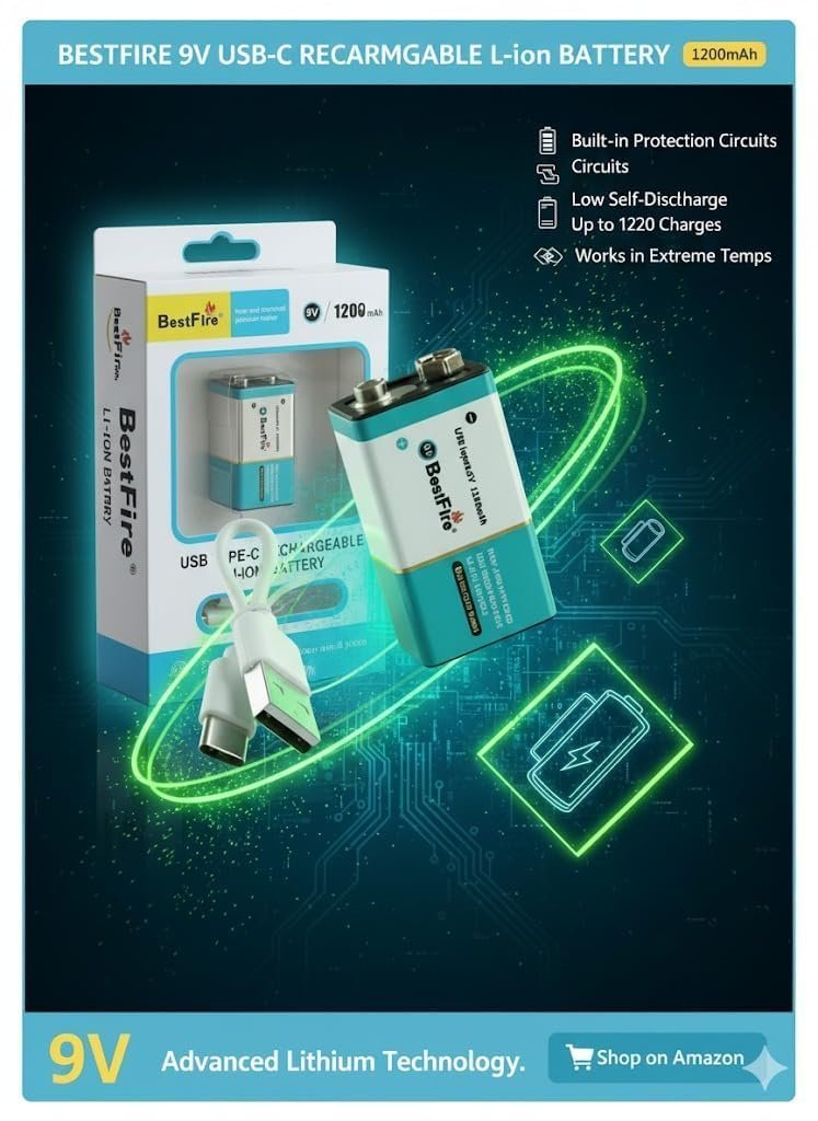 Pile rechargeable USB type C 9V 1200mWh en lithium BestFire - بطارية ليثيوم قابلة لإعادة الشحن - الصورة 8