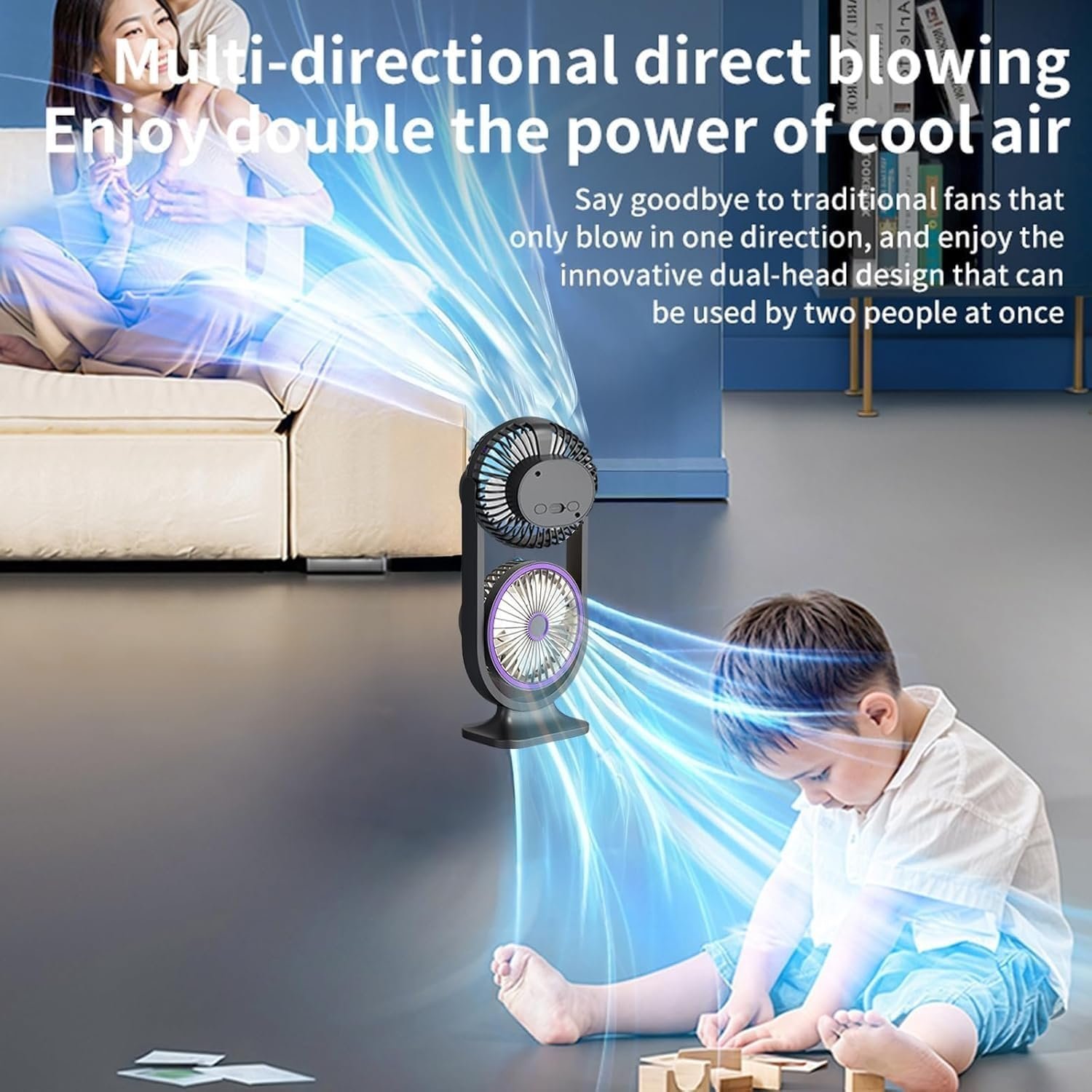 ⁦Ventilateur de Bureau Double Tête Rechargeable USB - مروحة المكتب المكتبية المزدوجة بـ 3 سرعات⁩ - الصورة ⁦5⁩