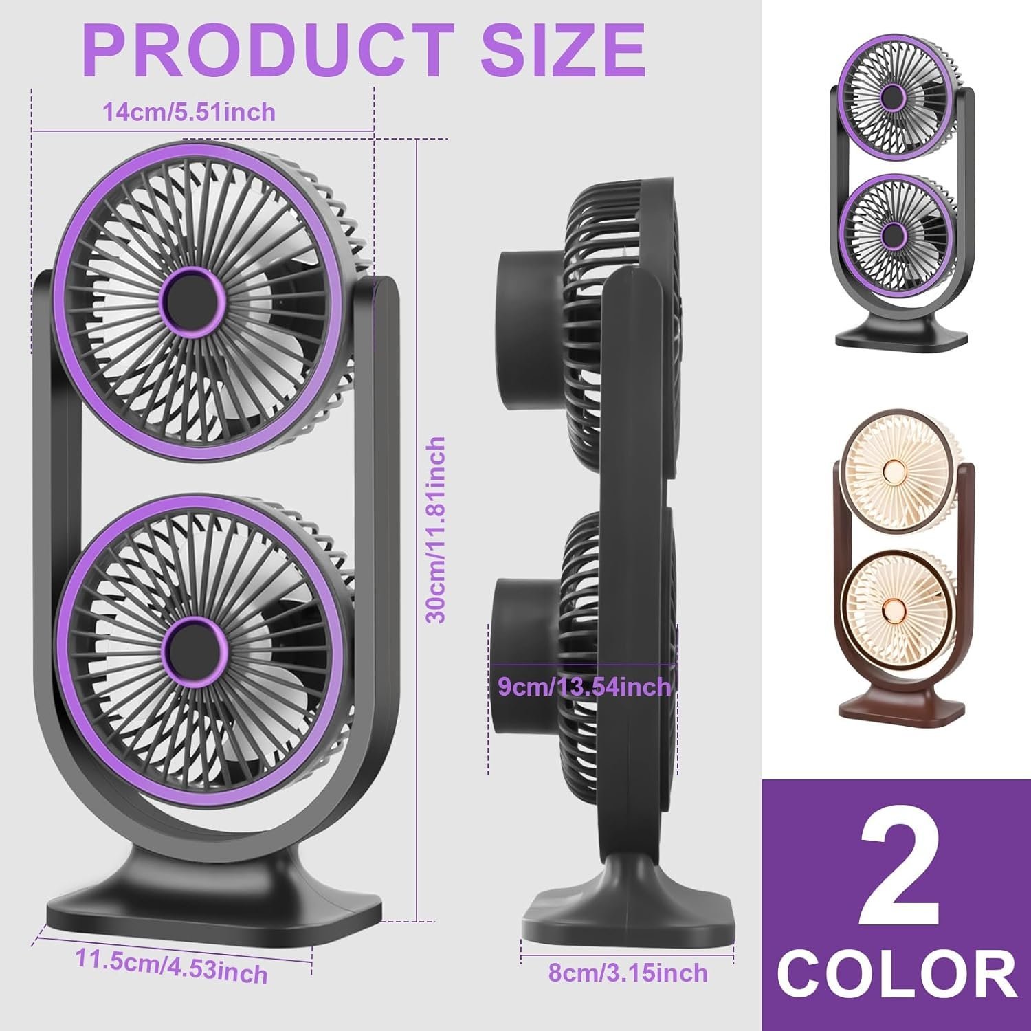 ⁦Ventilateur de Bureau Double Tête Rechargeable USB - مروحة المكتب المكتبية المزدوجة بـ 3 سرعات⁩ - الصورة ⁦8⁩