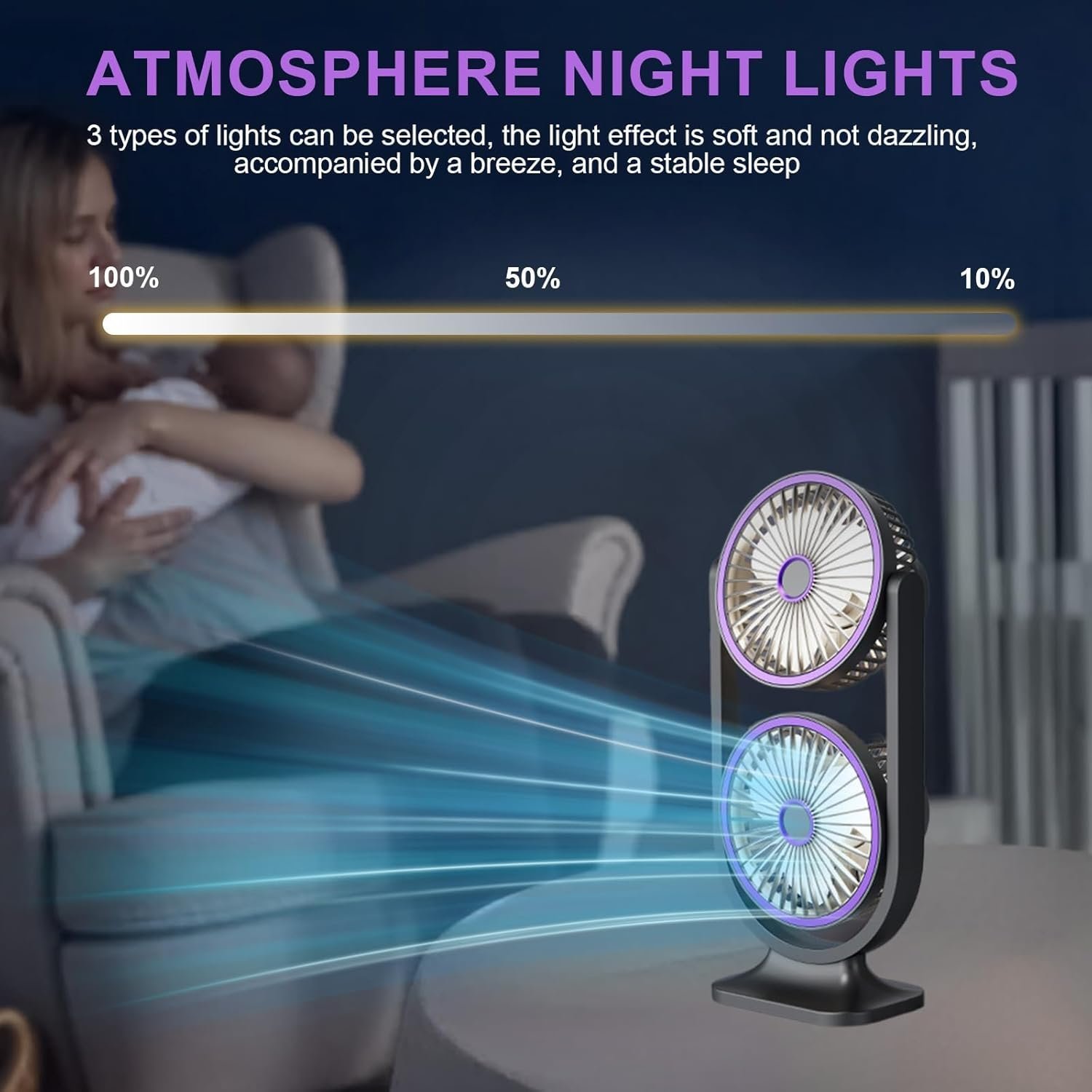 ⁦Ventilateur de Bureau Double Tête Rechargeable USB - مروحة المكتب المكتبية المزدوجة بـ 3 سرعات⁩ - الصورة ⁦9⁩