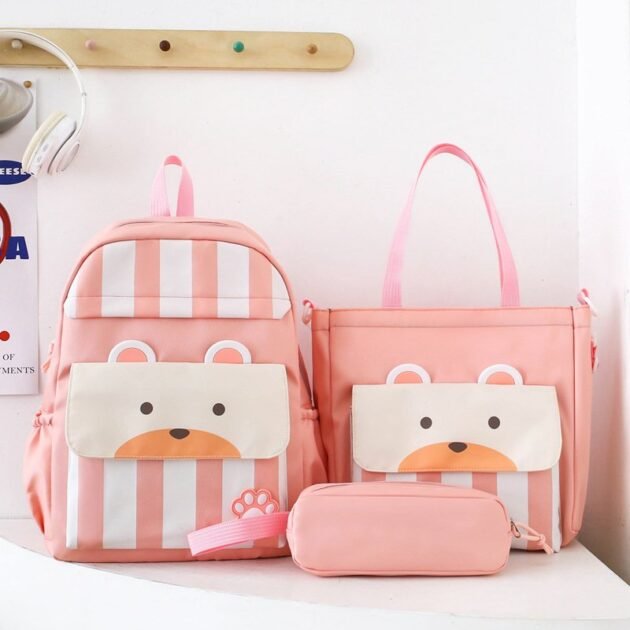 Ensemble de sacs d’école Kawai pour adolescents 3Pcs Ours Rose – محفظة 3 قطع كاواي وردي