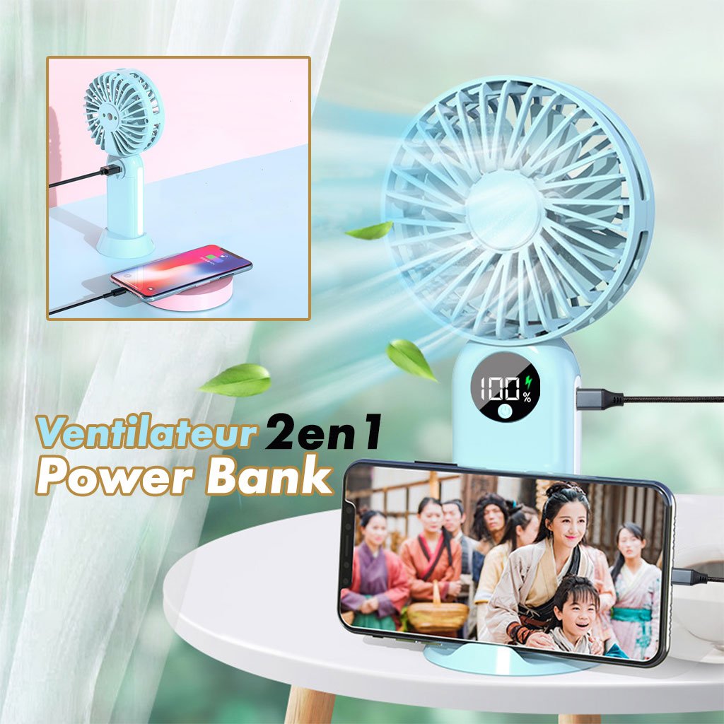 Mini ventilateur portable avec batterie 2400 mAh, léger, 3 vitesses, base mobile مروحة المحمولة بثلاث سرعات ومنفذ USB