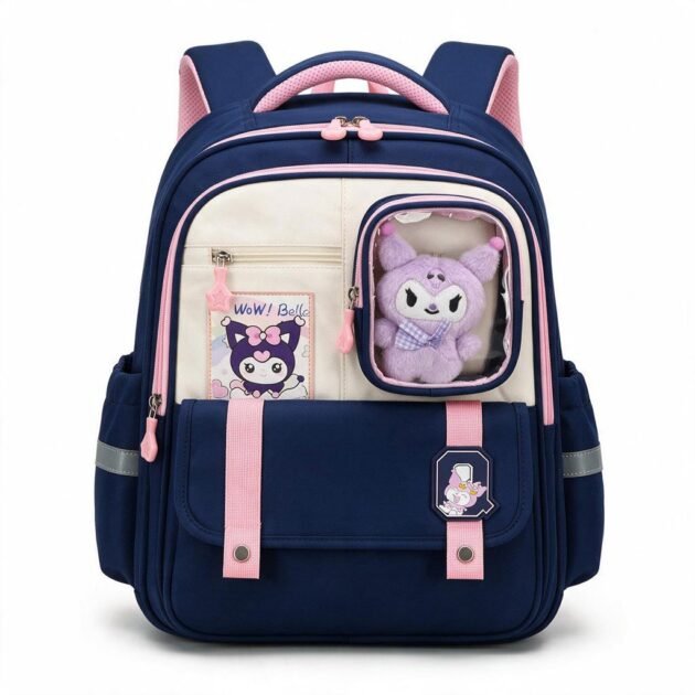 Sac à Dos Scolaire Style Kawaii Grand Volume avec Peluche Incluse Tissu Imperméable Bleu et Rose SACKDS04BLF - حقيبة مدرسية بتصميم كاوايي