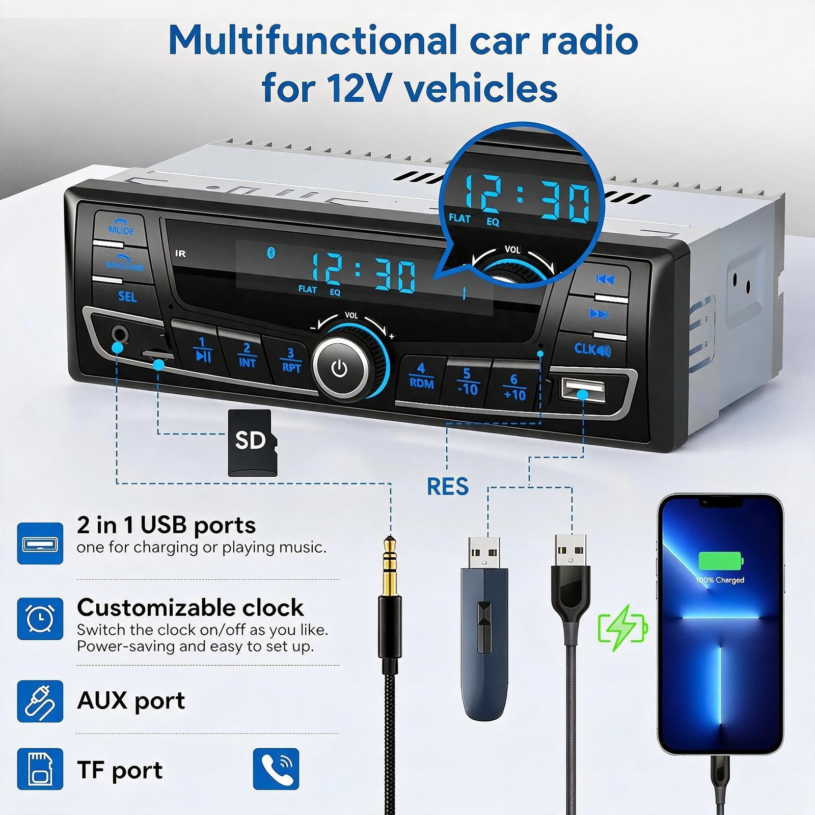 Autoradio Bluetooth 1-DIN avec Égaliseur DSP et Éclairage 7 Couleurs SP0707 - راديو سيارة بلوتوث مع ميزان صوت وإضاءة 7 ألوان - الصورة 2