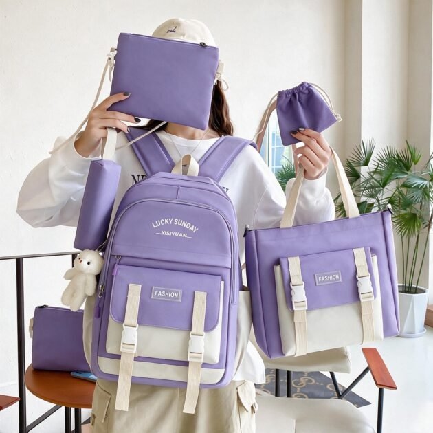 Ensemble de sacs à dos Kawai pour adolescents 5Pcs YISIYUAN V2 Mauve – محفظة 5 قطع كاواي للبنات