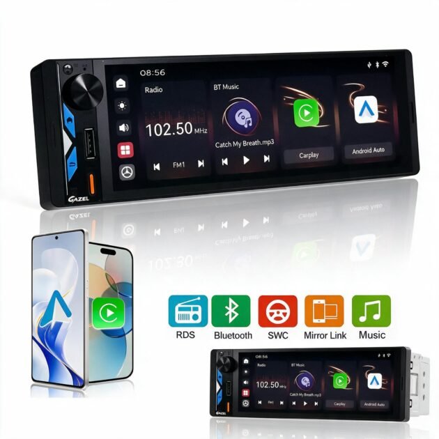 Gazel Autoradio 1Din Écran Tactile 5" IPS - Apple CarPlay et Android Auto Sans Fil Charge Rapide Type-C - راديو سيارة ذكي بشاشة لمس 5 بوصة تدعم و لاسلكيًا"