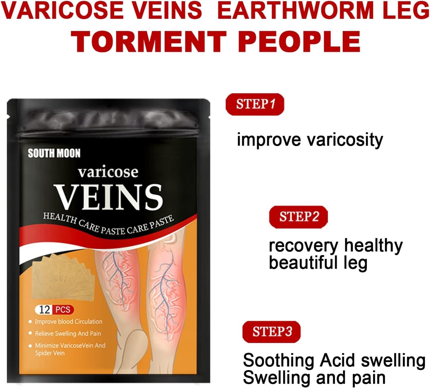 Patchs Herbales Anti-Varices Soulagement Douleur, Amélioration Circulation 12Pcs - لاصقات الأعشاب الطبيعية لعلاج الدوالي والدورة الدموية - الصورة 2