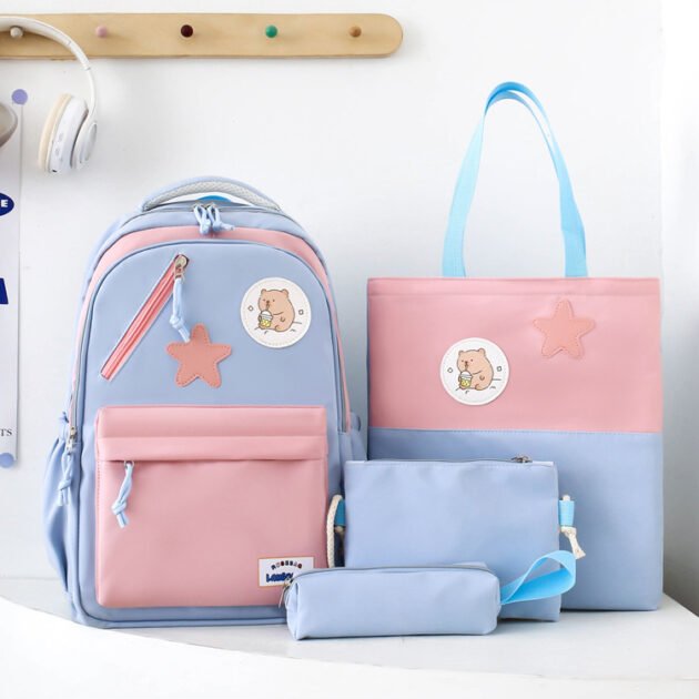 Sac à Dos Multifonctionnel Kawaii Grand Volume Imperméable et Résistant 4Pcs Bleu et Rose SACKDS02BRS - حقيبة ظهر بعدة قطع بتصميم كاوايي