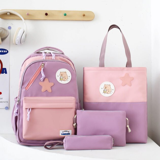Sac à Dos Multifonctionnel Kawaii Grand Volume Imperméable et Résistant 4Pcs Mauve SACKDS02MV - حقيبة ظهر بعدة قطع بتصميم كاوايي