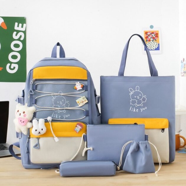 Sac à Dos Multifonctionnel Kawaii Grand Volume Imperméable et Résistant 5Pcs Bleu SACKDS33BL - حقيبة ظهر بعدة قطع بتصميم كاوايي