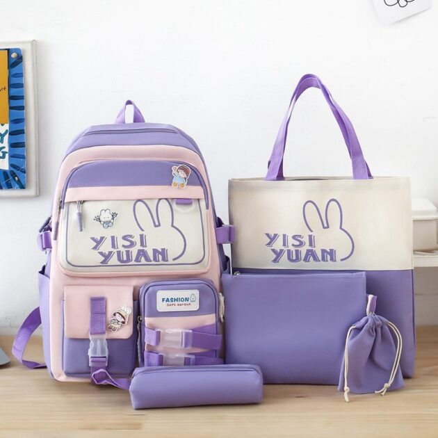 Sac à Dos Multifonctionnel Kawaii Grand Volume Imperméable et Résistant 5Pcs Mauve SACKDS29MV - حقيبة ظهر بعدة قطع بتصميم كاوايي