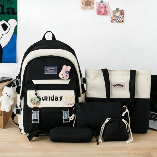 Sac à Dos Multifonctionnel Kawaii Grand Volume Imperméable et Résistant 5Pcs Noir SACKDS14N - حقيبة ظهر بعدة قطع بتصميم كاوايي
