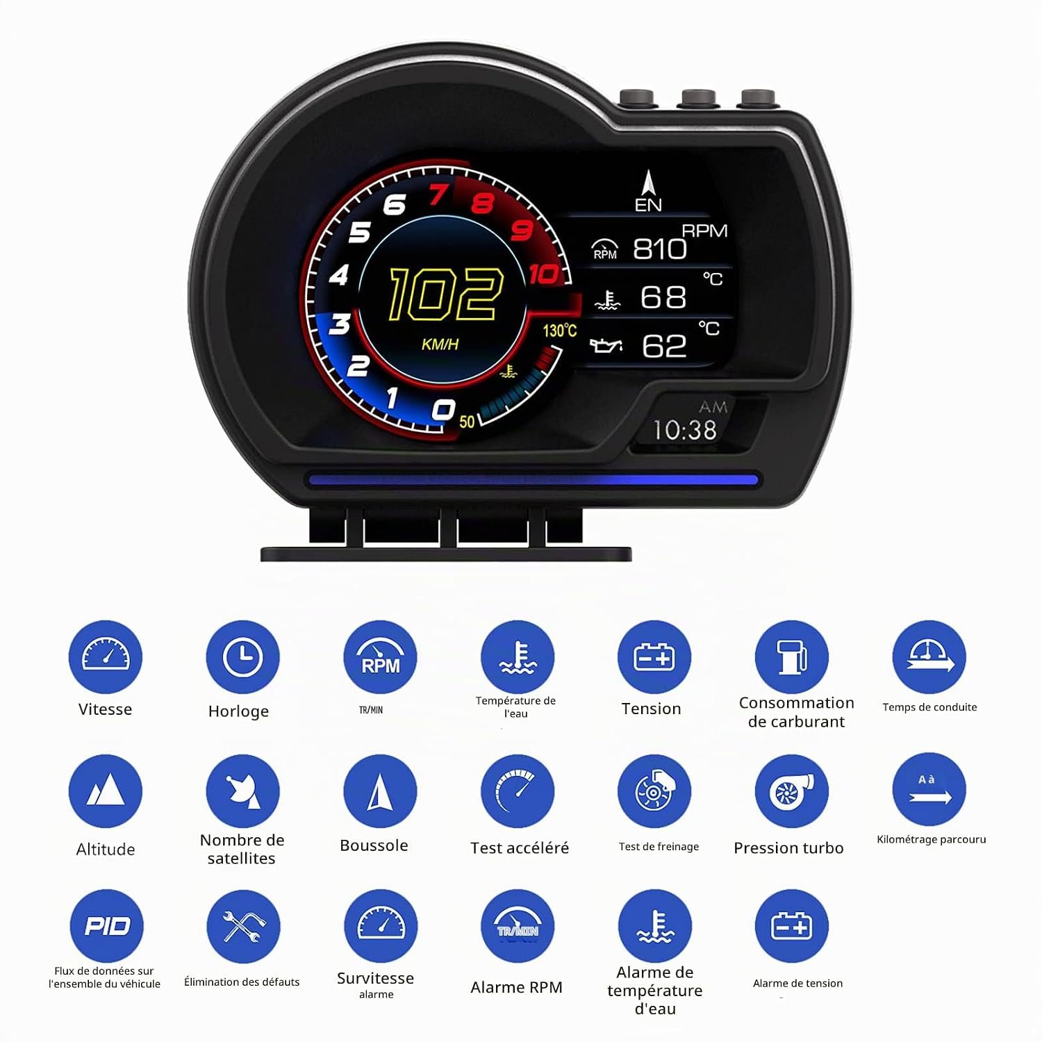 Afficheur Tête Haute HUD Intelligent Pour Voiture Système Double OBD2 + GPS 10 Alarme de Vitesse et Écran LCD - عداد السرعة الرقمي والشاشة الذكية للسيارة نظام مزدوج