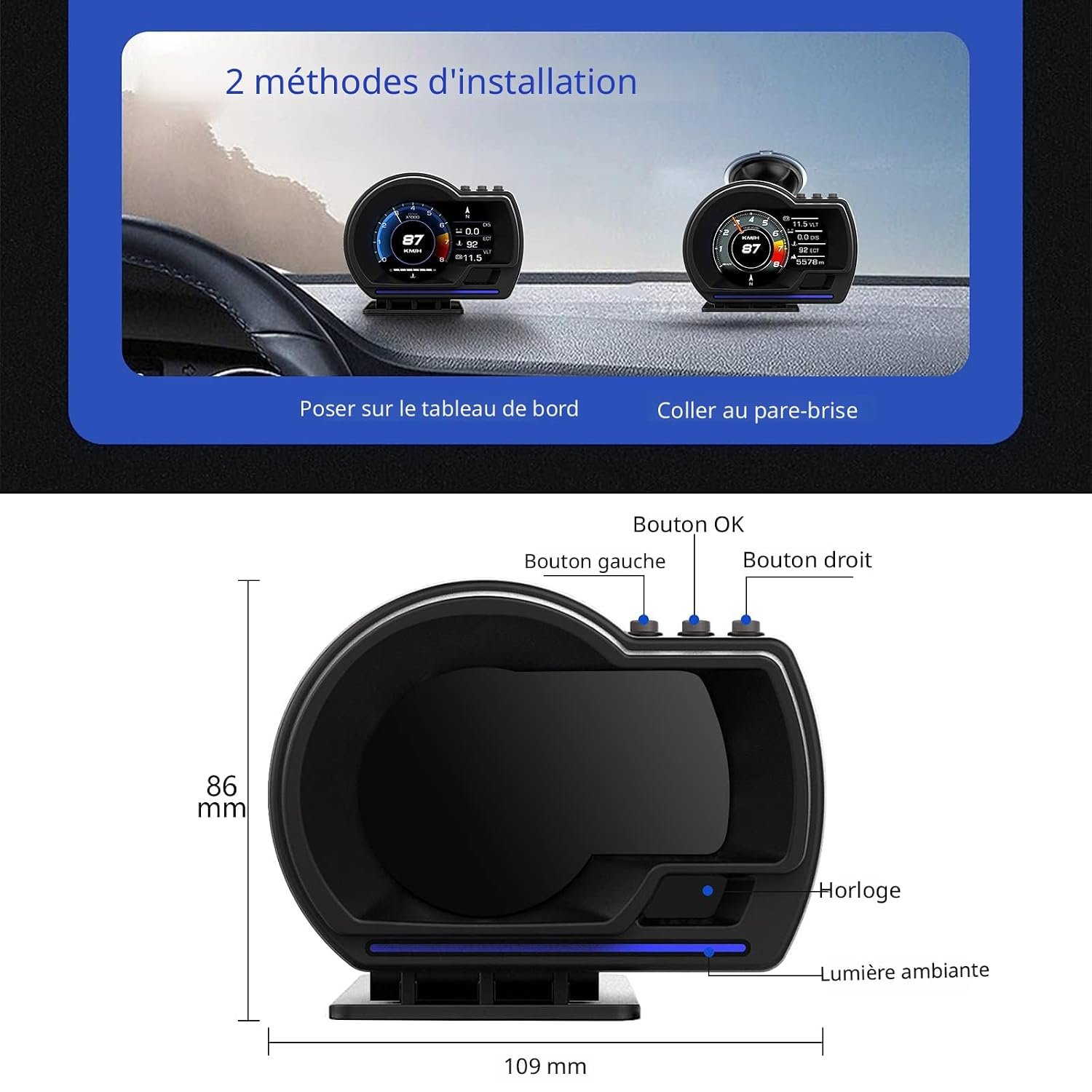 Afficheur Tête Haute HUD Intelligent Pour Voiture Système Double OBD2 + GPS 10 Alarme de Vitesse et Écran LCD - عداد السرعة الرقمي والشاشة الذكية للسيارة نظام مزدوج
