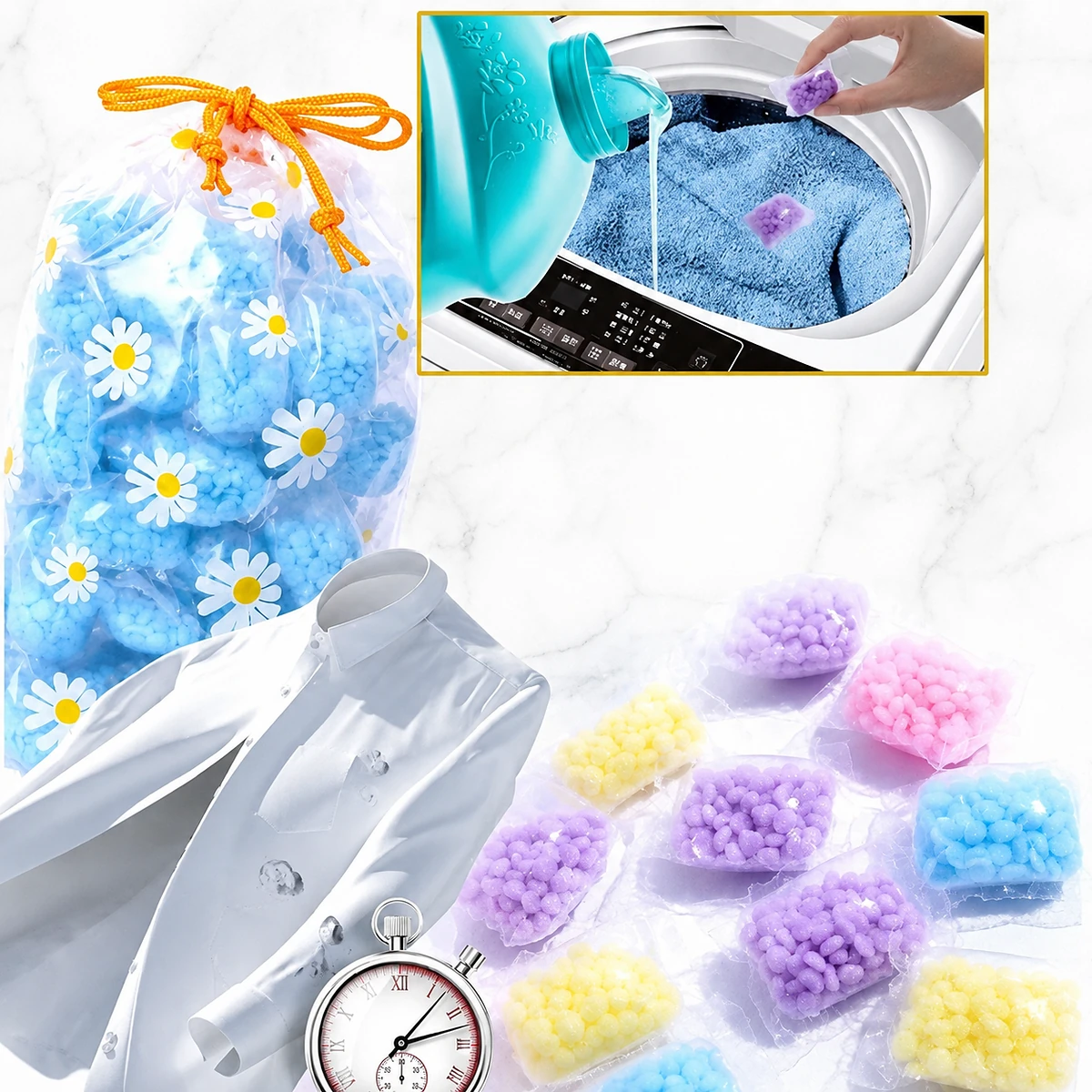 Perles adoucissantes parfumées pour le linge – 50 perles à utiliser en machine pour un linge frais et propre -حبيبات معطرة لتنعيم الأقمشة - 50 قطعة من حبيبات معطرة للغسيل لرائحة منعشة ونظيفة