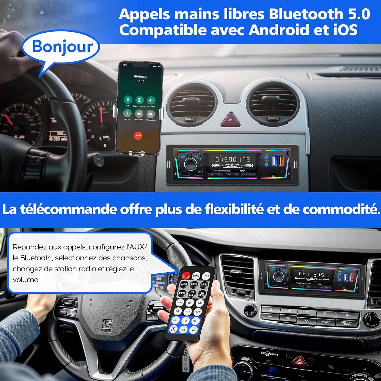 Autoradio Bluetooth 5.0 1DIN Charge Rapide USB et Type-C, Éclairage Personnalisable DSP et RDS - راديو سيارة بلوتوث مع منفذي شحن
