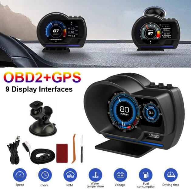 Afficheur Tête Haute HUD Intelligent Pour Voiture Système Double OBD2 + GPS 10 Alarme de Vitesse et Écran LCD - عداد السرعة الرقمي والشاشة الذكية للسيارة نظام مزدوج