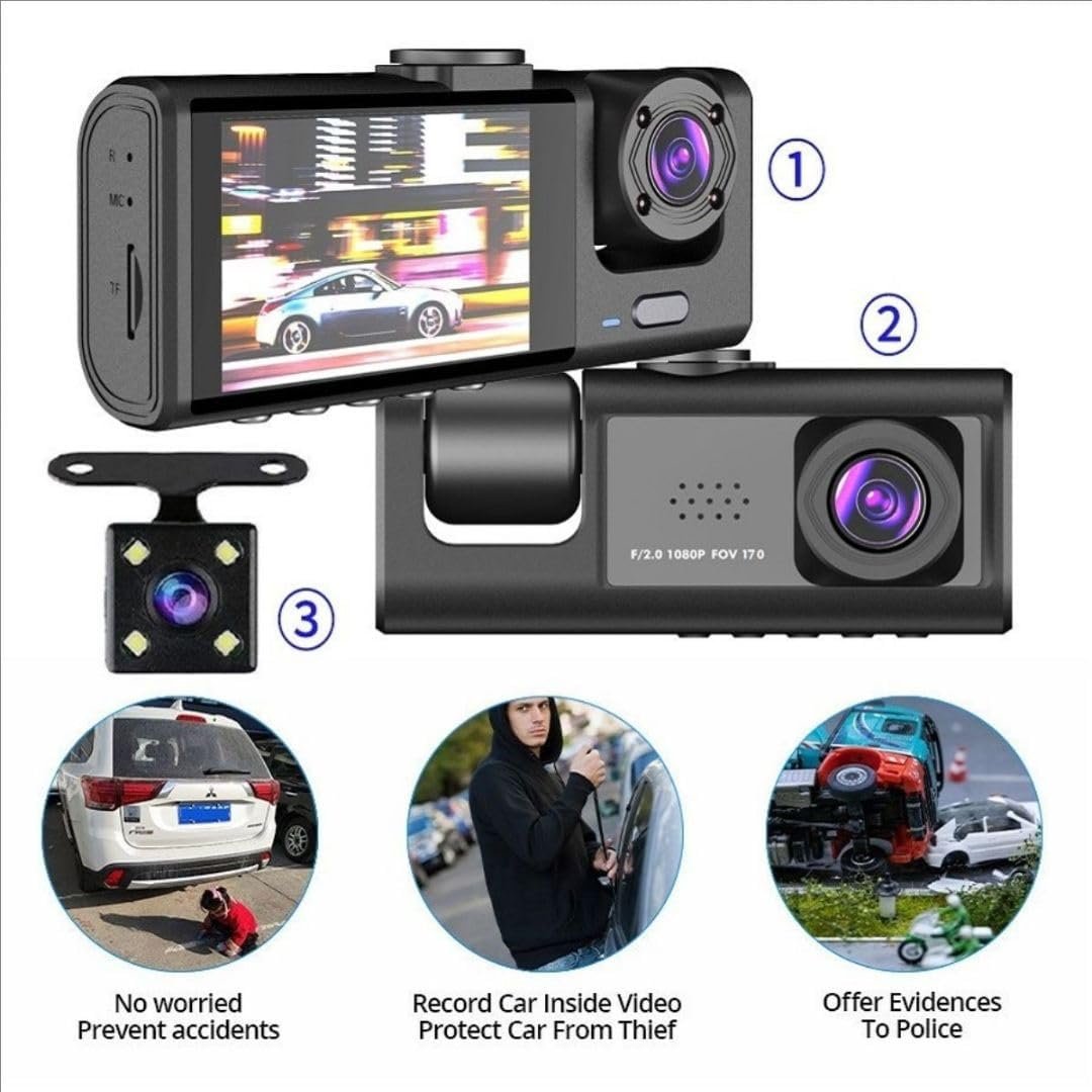 Black Box Caméra d'Aide au Stationnement et Dashcam Voiture 3 Canaux 1080P Full HD - كاميرا قيادة السيارات الثلاثية مع شاشة وزاوية عريضة 170 درجة