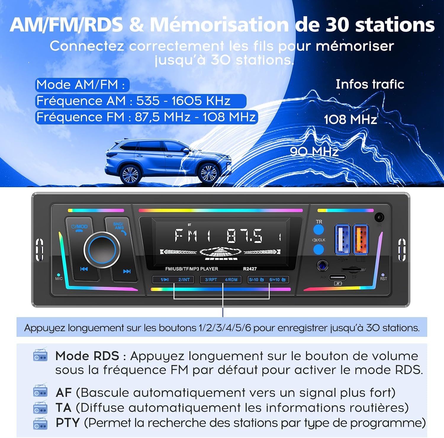 Autoradio Bluetooth 5.0 1DIN Charge Rapide USB et Type-C, Éclairage Personnalisable DSP et RDS - راديو سيارة بلوتوث مع منفذي شحن